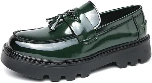 Men's Tassel Lug Sole Slip-on Platform Loafers,Fashion Patent Leather Round Toe Low Top Non-Slip Business Dress Shoes for Party Dating Prom