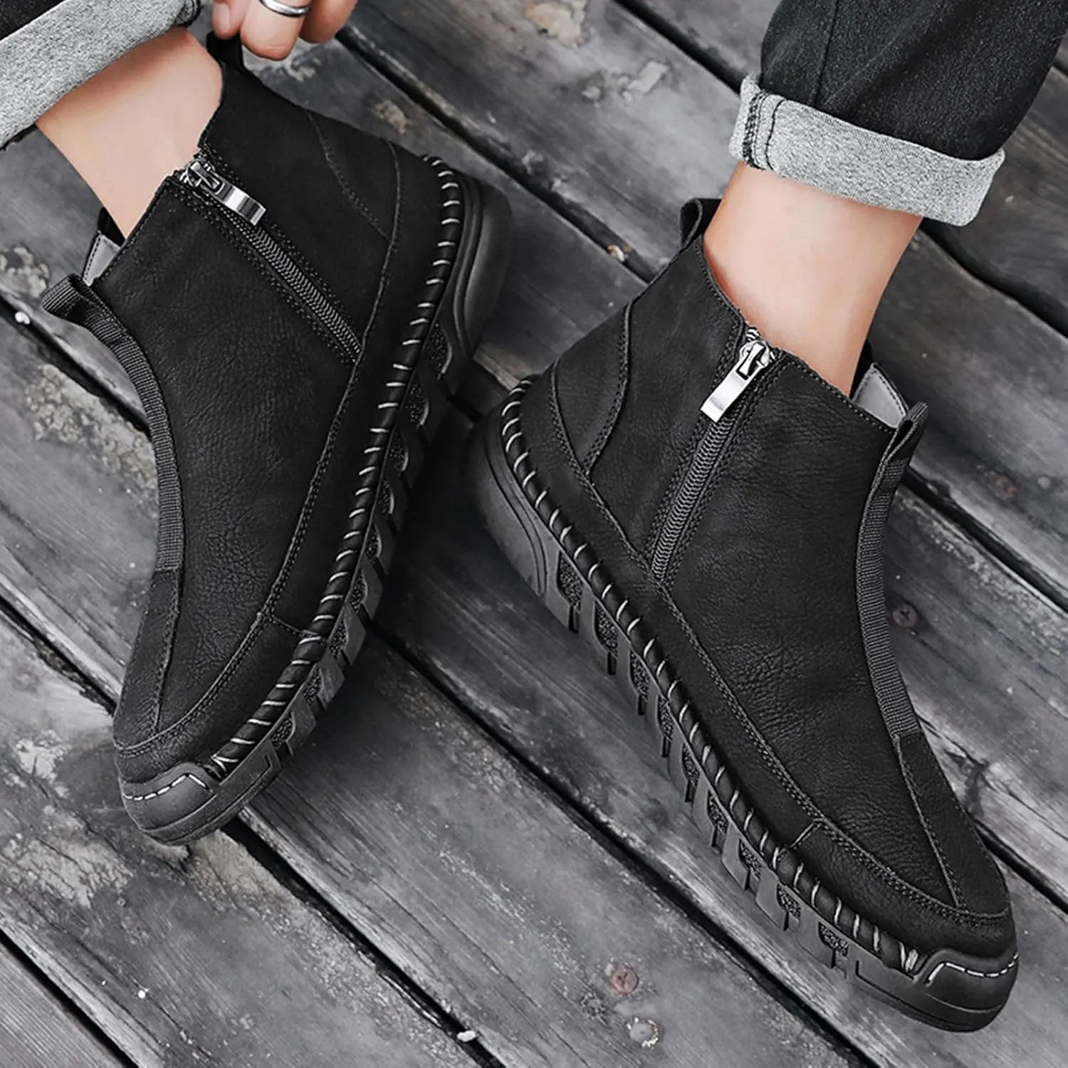 Men's Waterproof Leather Chukka Boots for Hiking Camping & Driving Fashion Warm Fur Lined Hand Stitched Round Toe Side Zipper Ankle Boots Comfort Casual Outdoor Walking Sneakers