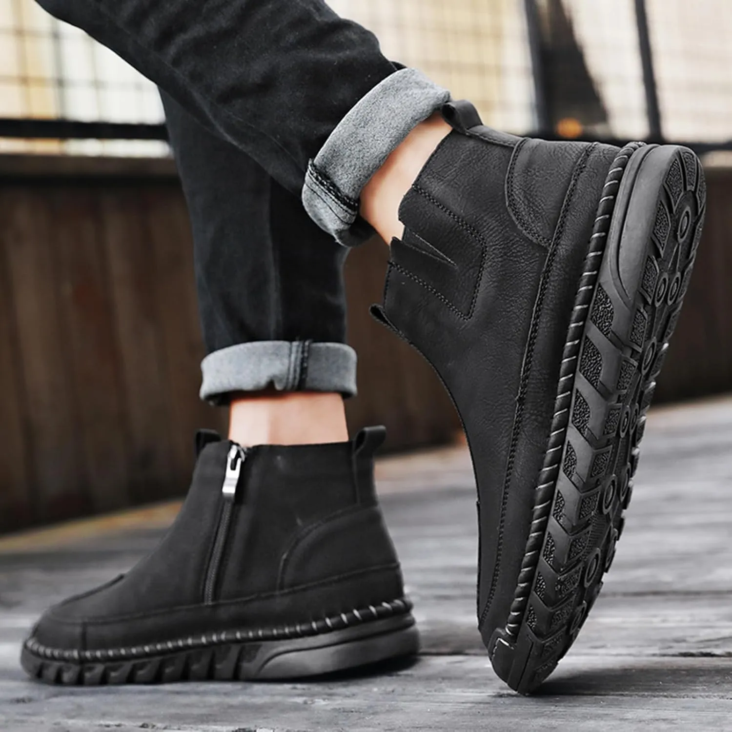 Men's Waterproof Leather Chukka Boots for Hiking Camping & Driving Fashion Warm Fur Lined Hand Stitched Round Toe Side Zipper Ankle Boots Comfort Casual Outdoor Walking Sneakers