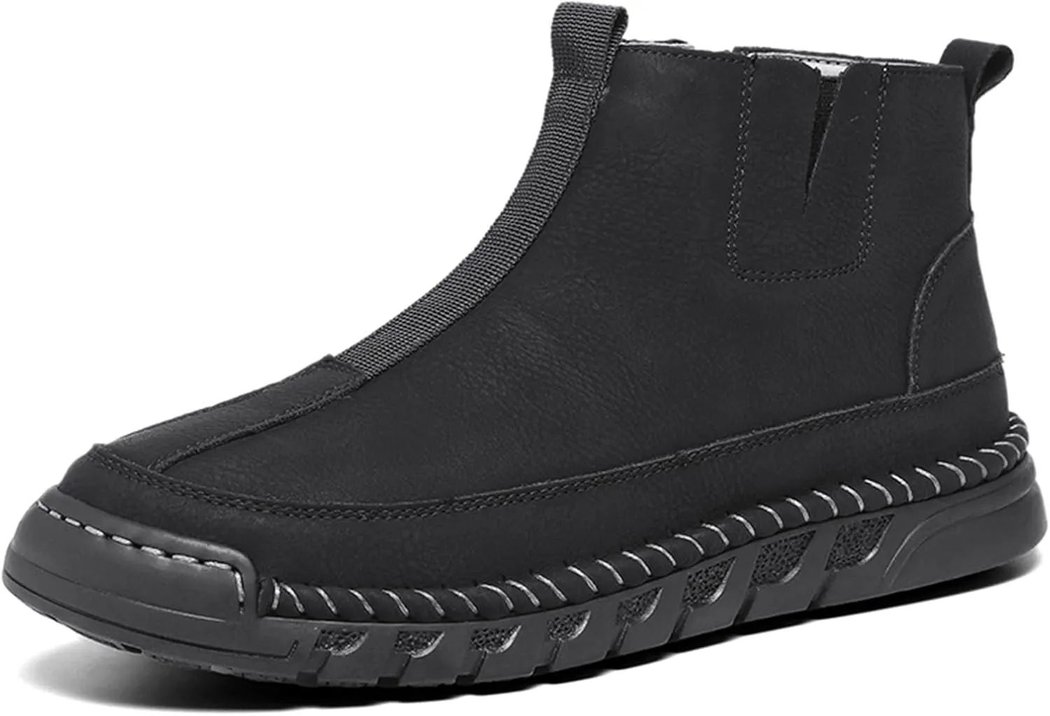 Men's Waterproof Leather Chukka Boots for Hiking Camping & Driving Fashion Warm Fur Lined Hand Stitched Round Toe Side Zipper Ankle Boots Comfort Casual Outdoor Walking Sneakers