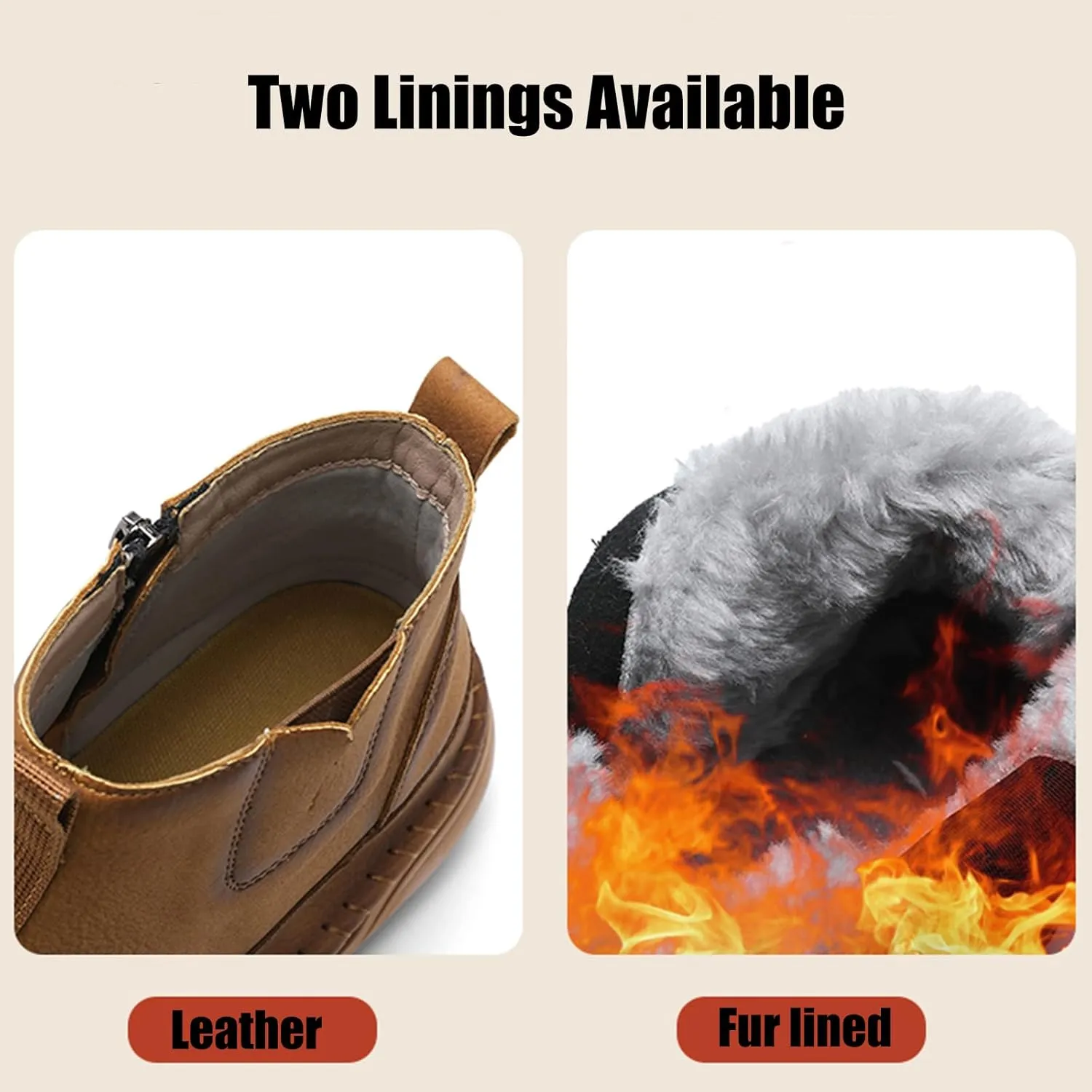 Men's Waterproof Leather Chukka Boots for Hiking Camping & Driving Fashion Warm Fur Lined Hand Stitched Round Toe Side Zipper Ankle Boots Comfort Casual Outdoor Walking Sneakers