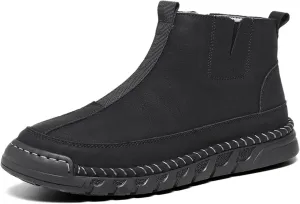 Men's Waterproof Leather Chukka Boots for Hiking Camping & Driving Fashion Warm Fur Lined Hand Stitched Round Toe Side Zipper Ankle Boots Comfort Casual Outdoor Walking Sneakers