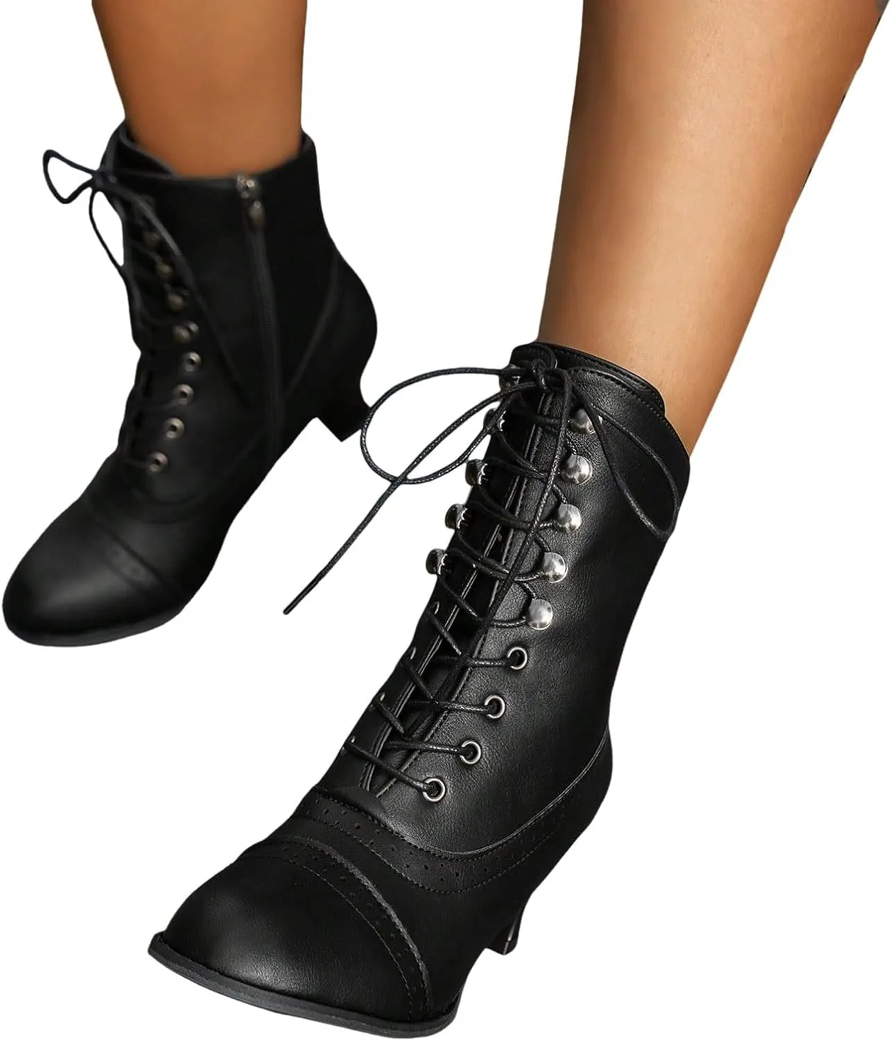 Mid Calf Boots for Women Dressy Chunky Block Heel Leather Lace Up Short Boots Fashion Comfort Slip on Fall Winter Short Boots Black Side Zip Classic Ladies Boots Women Booties