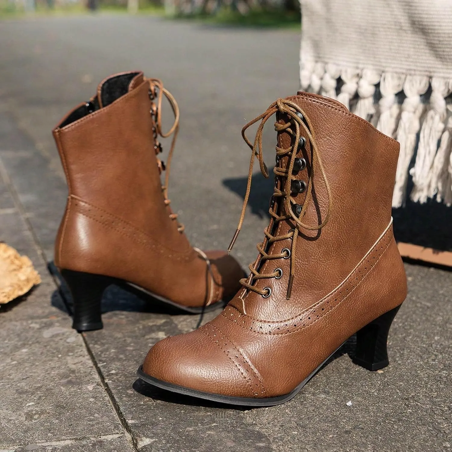 Mid Calf Boots for Women Dressy Chunky Block Heel Leather Lace Up Short Boots Fashion Comfort Slip on Fall Winter Short Boots Black Side Zip Classic Ladies Boots Women Booties