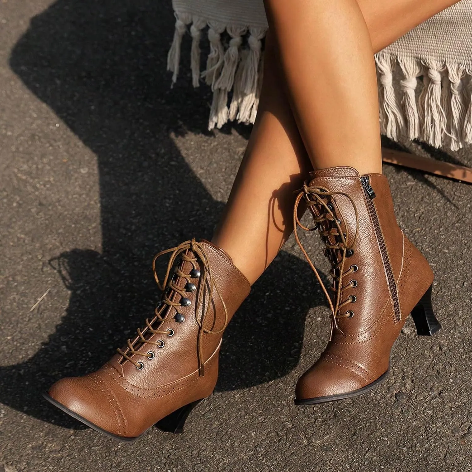 Mid Calf Boots for Women Dressy Chunky Block Heel Leather Lace Up Short Boots Fashion Comfort Slip on Fall Winter Short Boots Black Side Zip Classic Ladies Boots Women Booties
