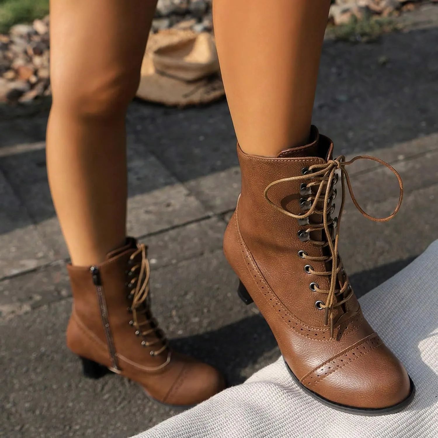 Mid Calf Boots for Women Dressy Chunky Block Heel Leather Lace Up Short Boots Fashion Comfort Slip on Fall Winter Short Boots Black Side Zip Classic Ladies Boots Women Booties