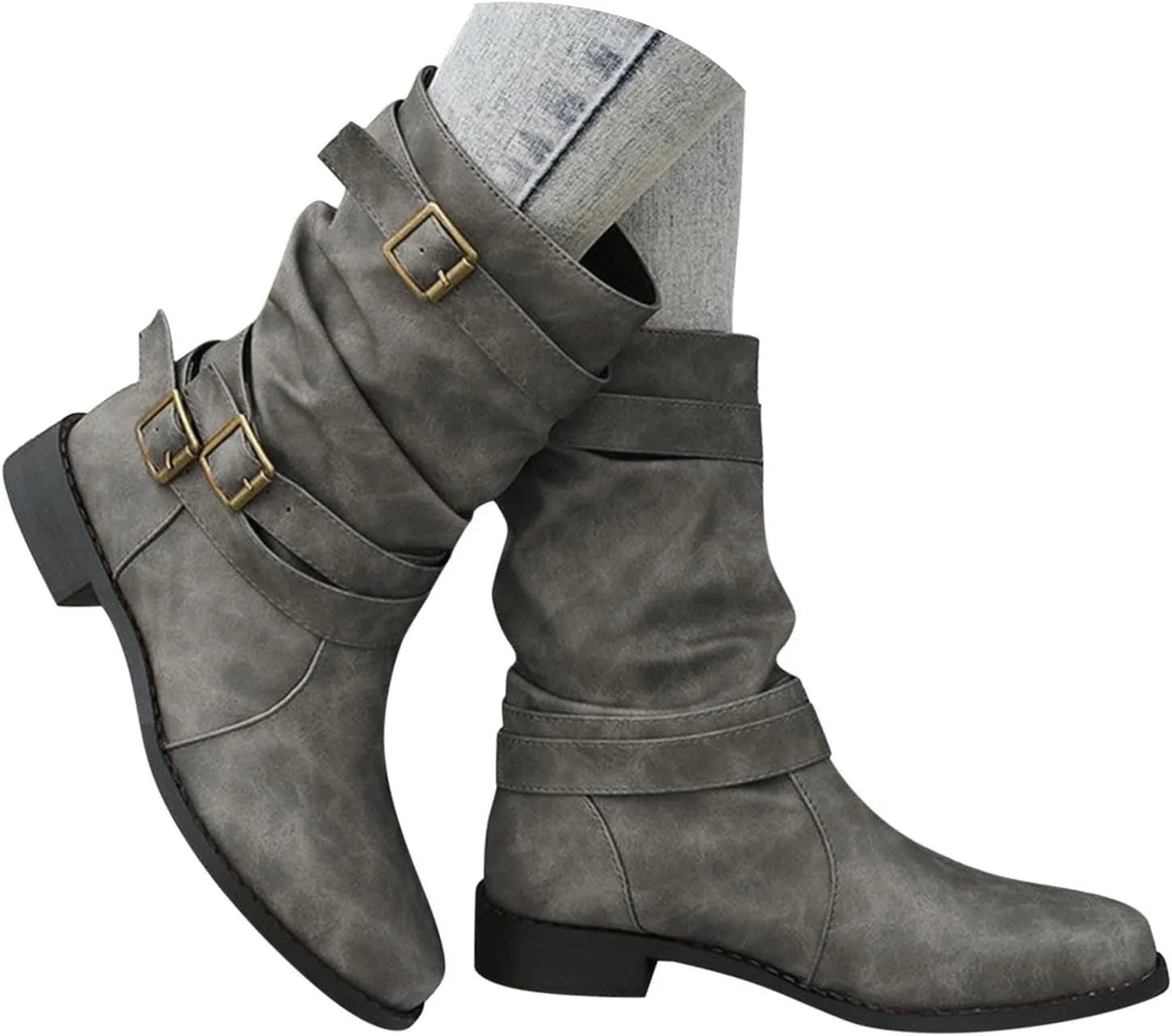 Mid Hight Boots for Women Chunky Platform Boots Mid Calf Combat Boots Side zipper Low Heel Fashion Western Boots