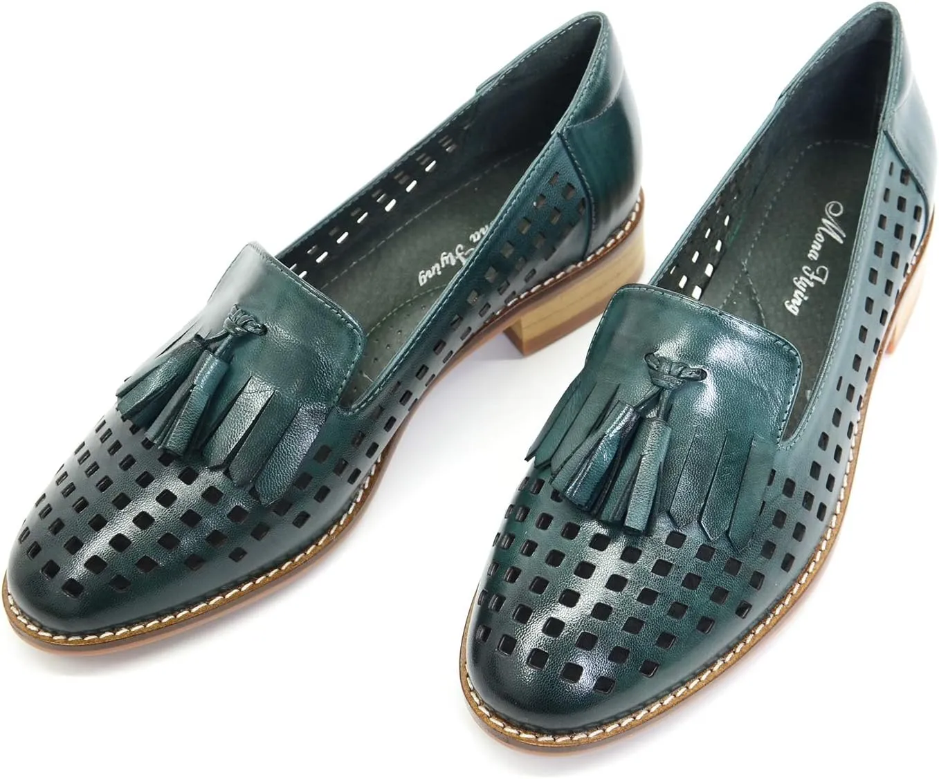 Mona flying Women's Leather Tassel Loafers Slip On Flats Office Ladies Casual Shoes