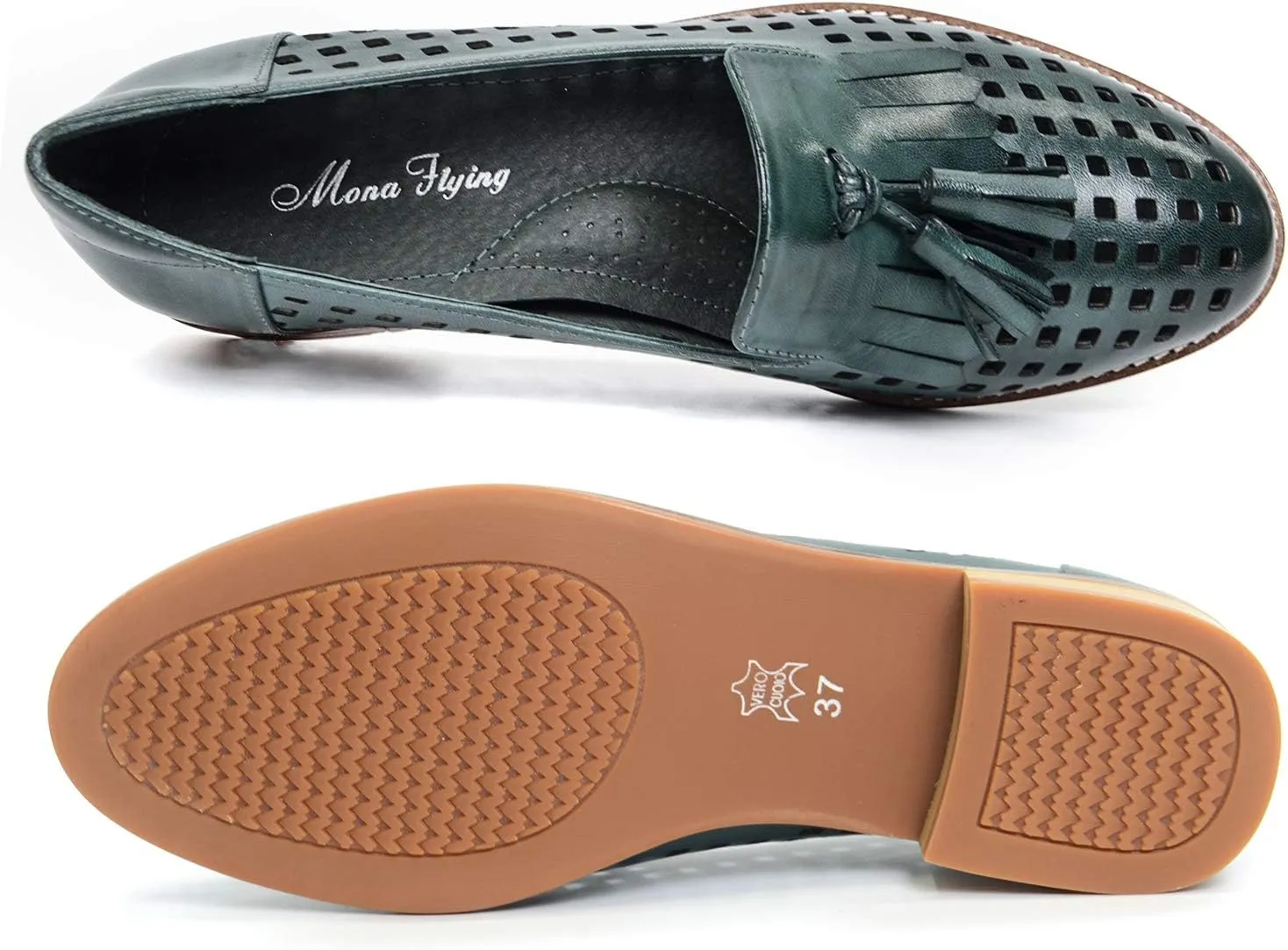 Mona flying Women's Leather Tassel Loafers Slip On Flats Office Ladies Casual Shoes