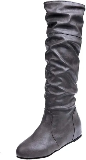 oiangi Women Knee High Flat Boots 2022 Winter Vintage Round Toe Pleated Slip on Motorcycle Boots Solid Retro Casual Comfy Outdoor Ladies Shoes
