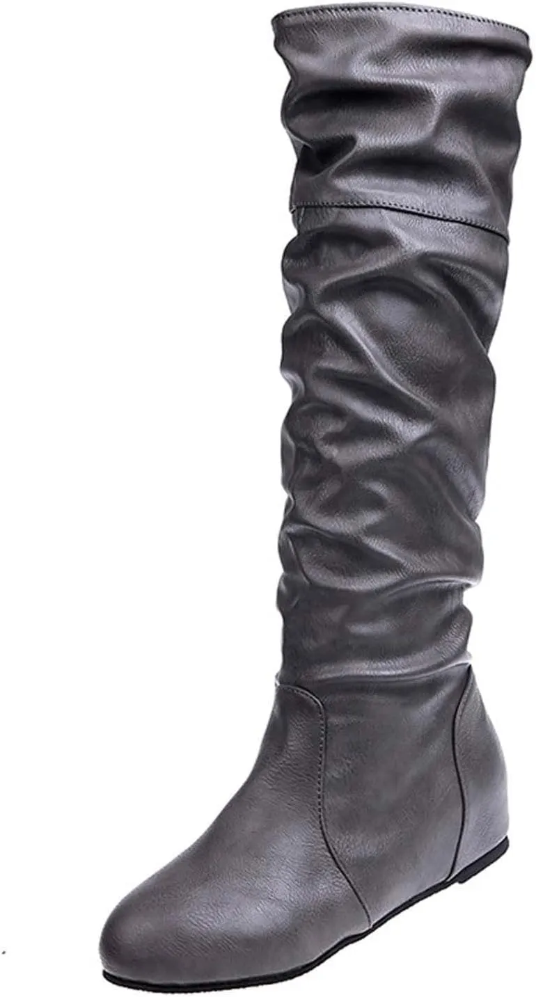 oiangi Women Knee High Flat Boots 2022 Winter Vintage Round Toe Pleated Slip on Motorcycle Boots Solid Retro Casual Comfy Outdoor Ladies Shoes