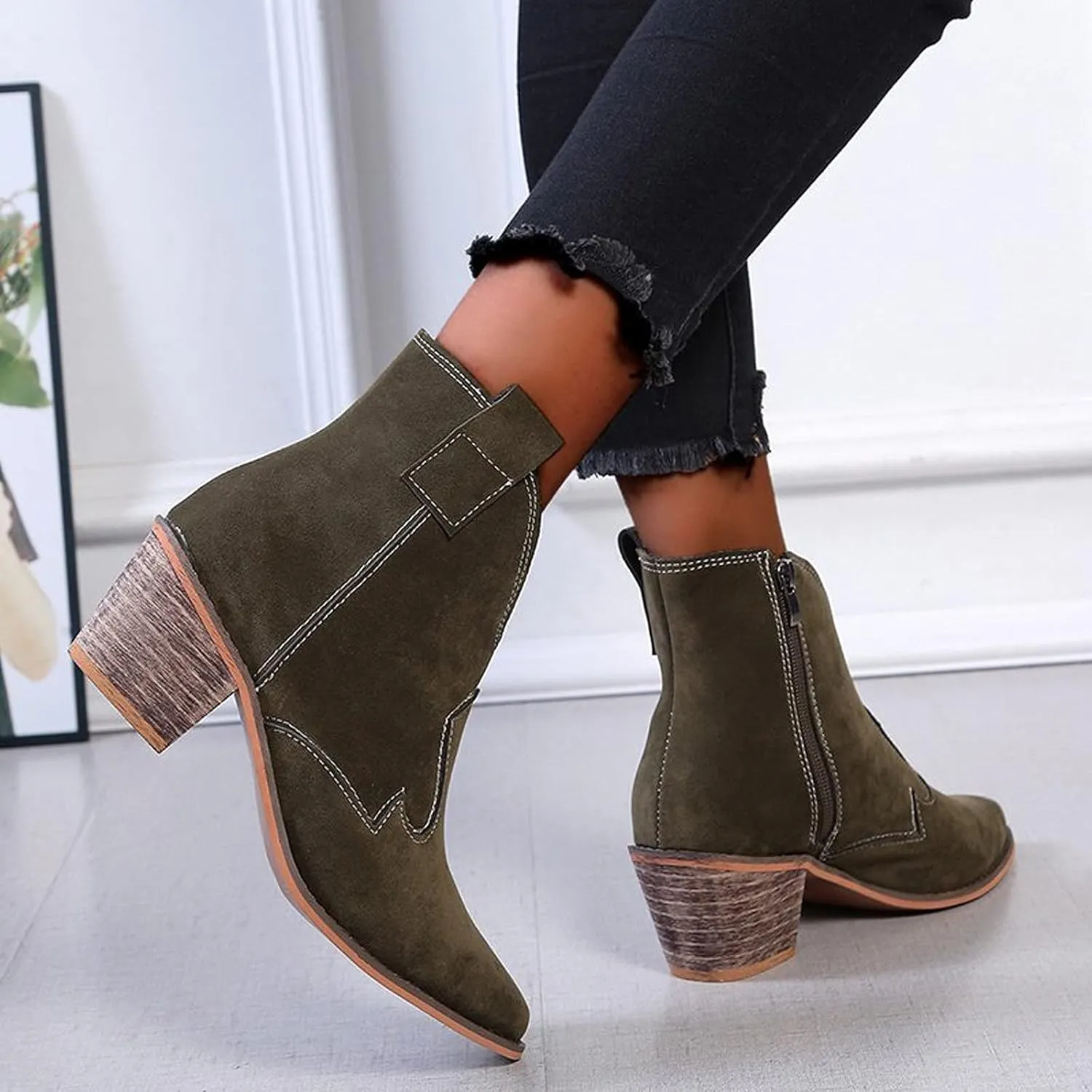 oiangi Women's Suede Booties Fashion Solid Low Mid Block Heel Ankle Boots Slip On Side Zippers Round Toe Short Boots Comfortable Casual Ladies Shoes