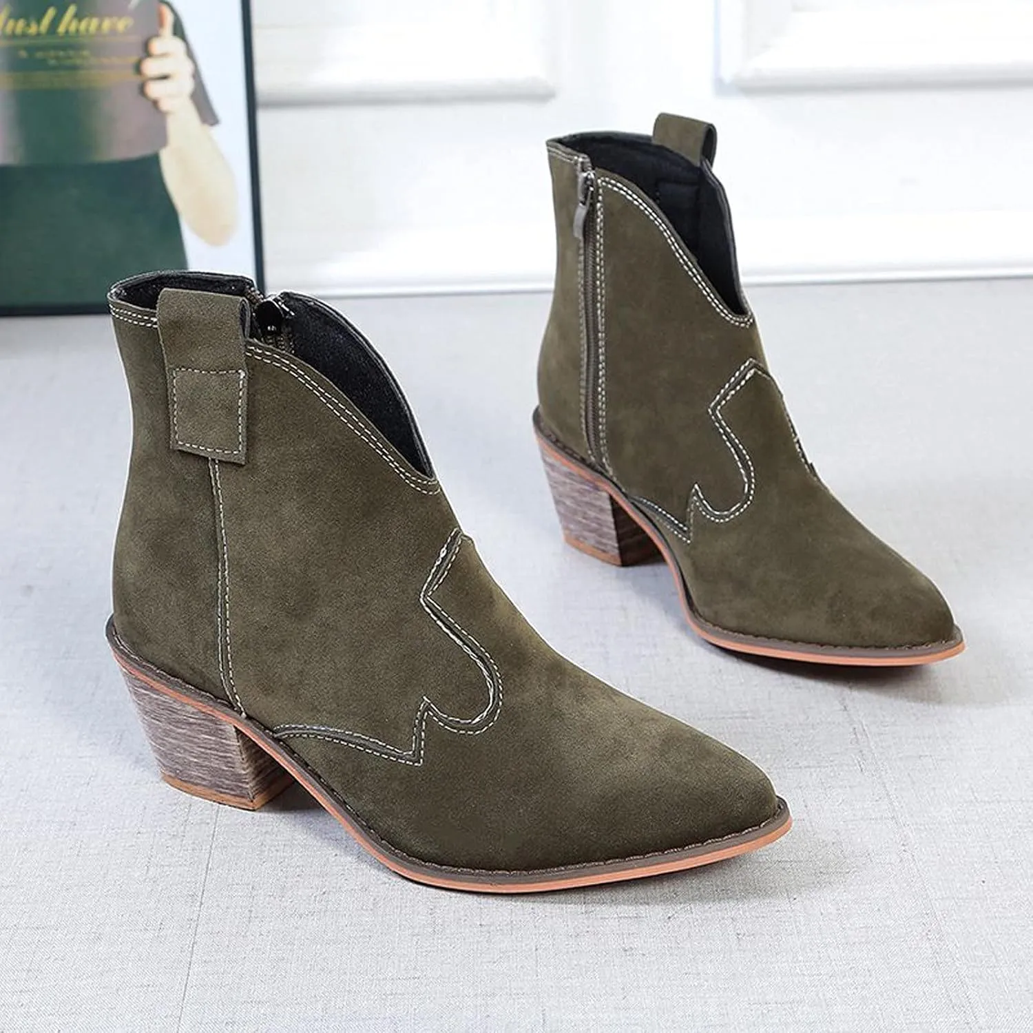 oiangi Women's Suede Booties Fashion Solid Low Mid Block Heel Ankle Boots Slip On Side Zippers Round Toe Short Boots Comfortable Casual Ladies Shoes