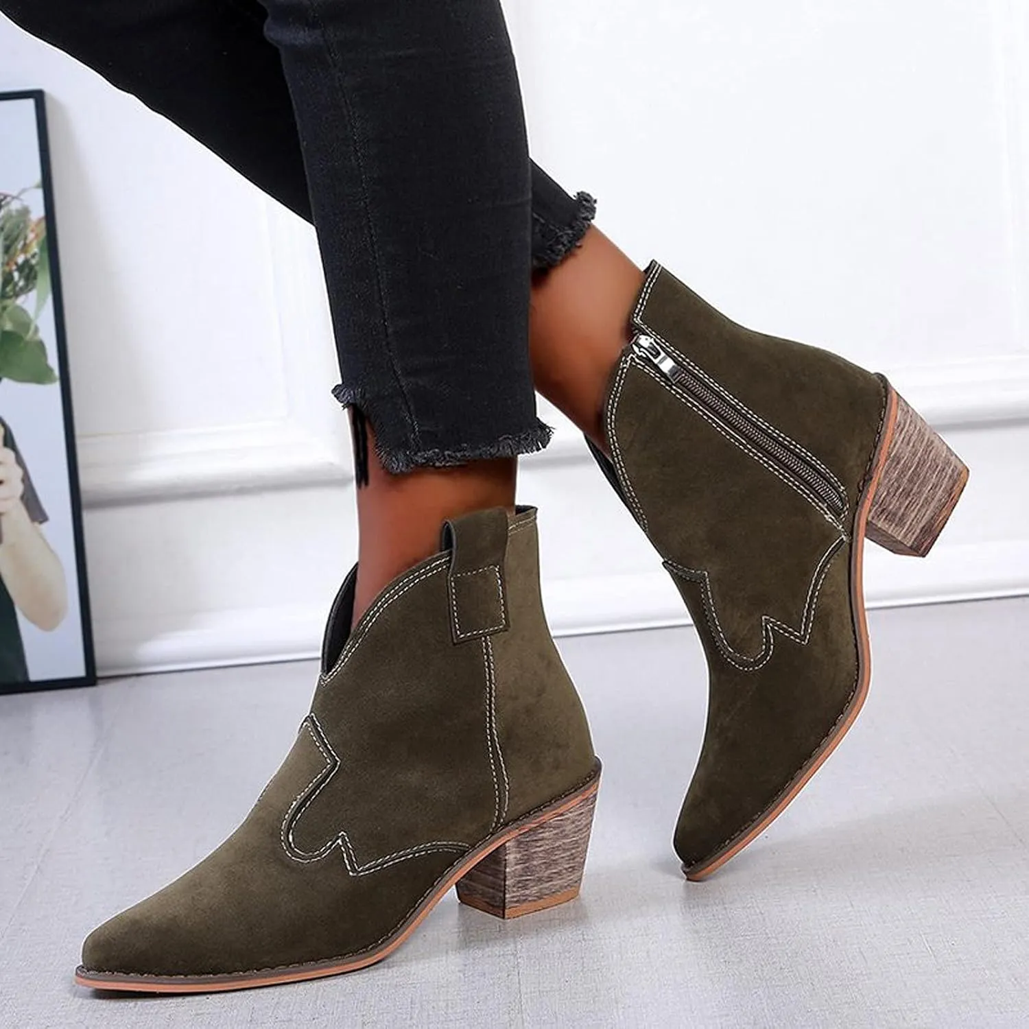 oiangi Women's Suede Booties Fashion Solid Low Mid Block Heel Ankle Boots Slip On Side Zippers Round Toe Short Boots Comfortable Casual Ladies Shoes
