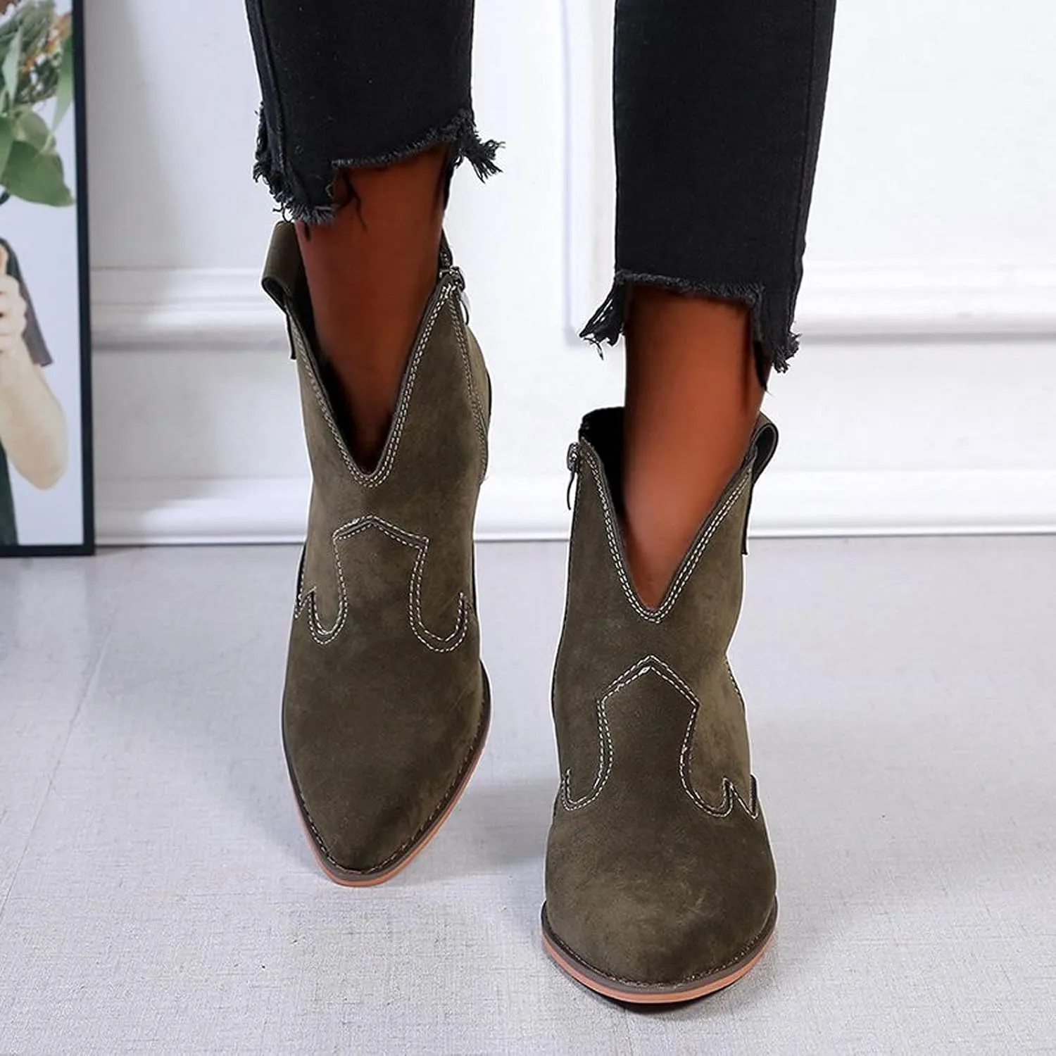 oiangi Women's Suede Booties Fashion Solid Low Mid Block Heel Ankle Boots Slip On Side Zippers Round Toe Short Boots Comfortable Casual Ladies Shoes