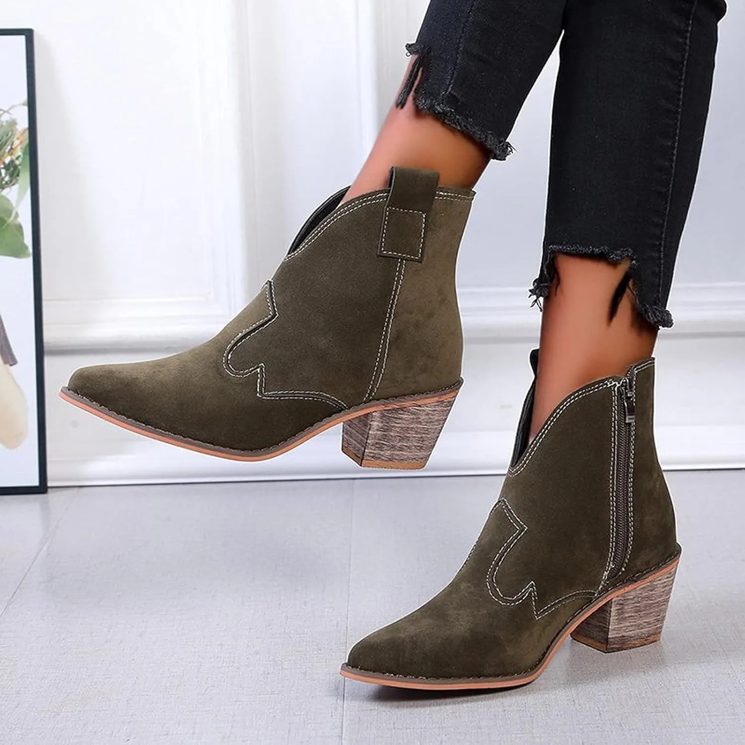 oiangi Women's Suede Booties Fashion Solid Low Mid Block Heel Ankle Boots Slip On Side Zippers Round Toe Short Boots Comfortable Casual Ladies Shoes