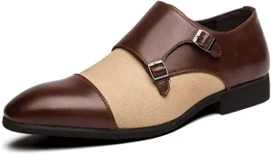 Oxford Shoes for Men Slip On Double Monk Strap Two Tone Cap Toe PU Leather Non Slip Anti-Slip Rubber Sole Low Top Casual