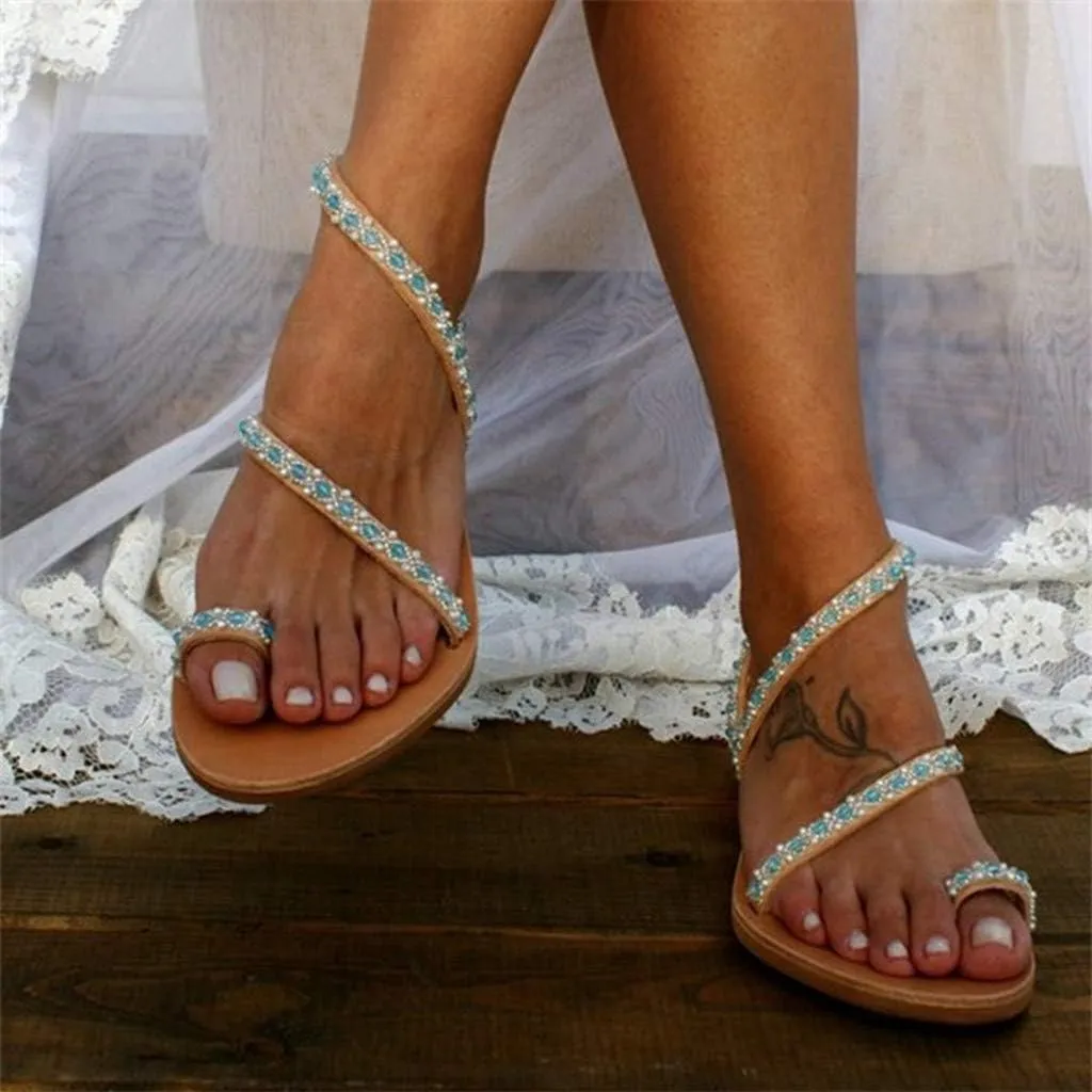 Platform Sandals for Women Prime Gibobby Sandal Boho Cross Summer Flat Shoes Beaded Slippers Casual Beach Sandals