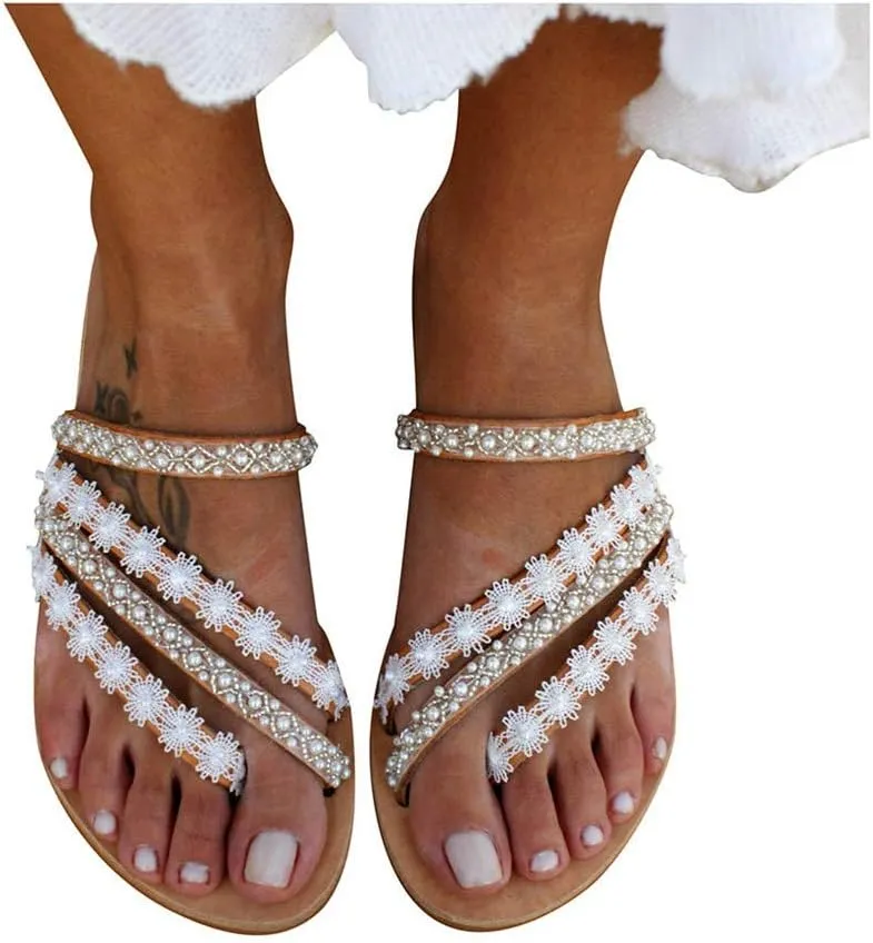 Platform Sandals for Women Prime Gibobby Sandal Boho Cross Summer Flat Shoes Beaded Slippers Casual Beach Sandals