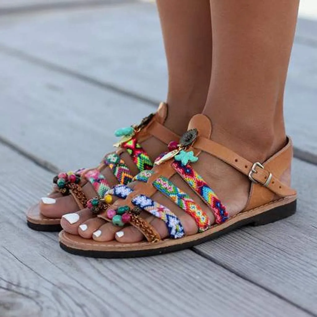 Platform Sandals for Women Prime Gibobby Sandal Boho Cross Summer Flat Shoes Beaded Slippers Casual Beach Sandals