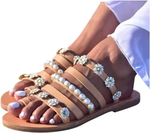 Platform Sandals for Women Prime Gibobby Sandal Boho Cross Summer Flat Shoes Beaded Slippers Casual Beach Sandals