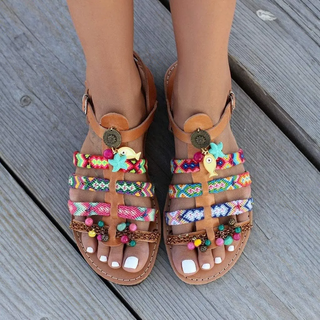 Platform Sandals for Women Prime Gibobby Sandal Boho Cross Summer Flat Shoes Beaded Slippers Casual Beach Sandals