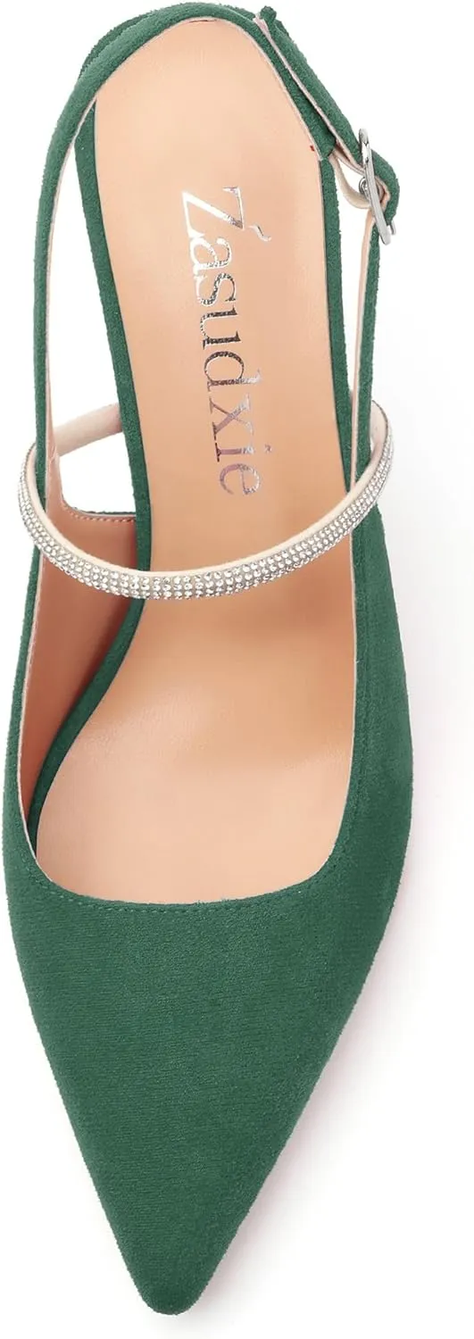 Purple Women's Slingback Kitten Heels, Rhinestone Ankle Strap, 3.35 Inch Heel, Pointed Toe, Suede, Wedding, Prom, Party Shoes