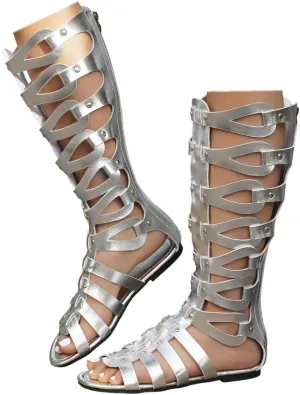 SACFOF Womens Knee High Sandals Summer Gladiator Cut Out Roman Boots Open Toe Flat Sandals with Zipper