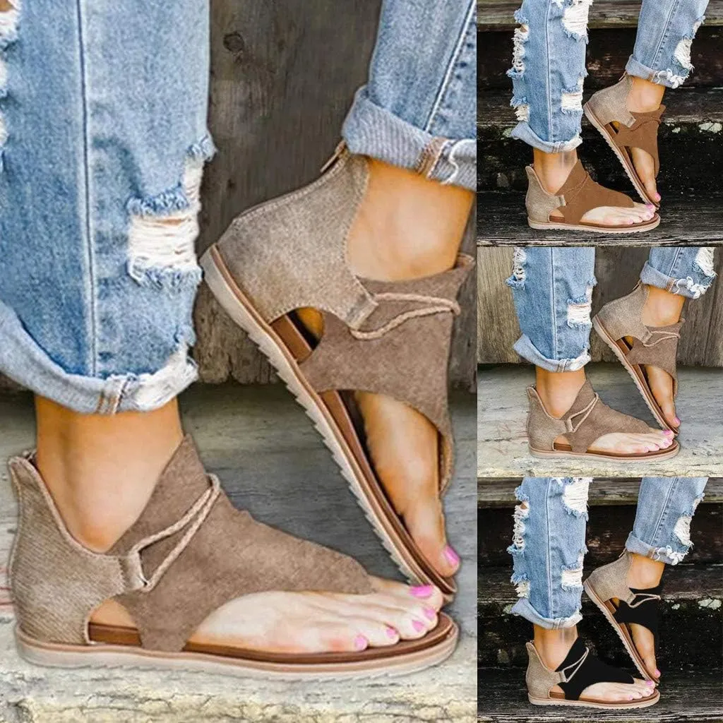Sandals for Women Flat,Comfy Sandals Ladies Fashion Leopard/Zebra/Snake Pattern Flat Heel Slip On Sandals with Zipper