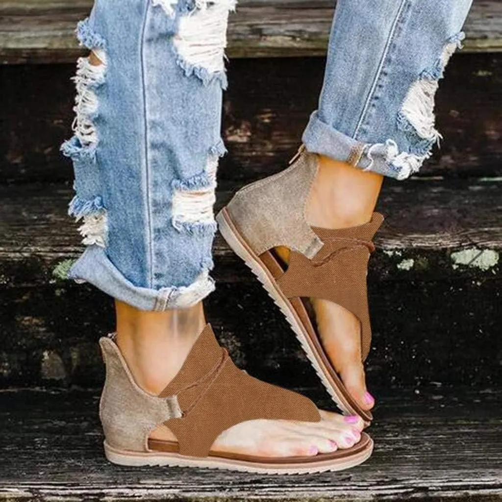 Sandals for Women Flat,Comfy Sandals Ladies Fashion Leopard/Zebra/Snake Pattern Flat Heel Slip On Sandals with Zipper