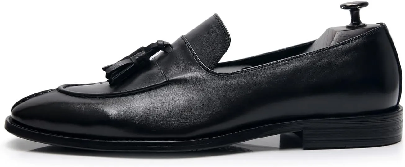 Santimon Men's Black Genuine Leather Tassel Loafers - Slip-On Dress Shoes for Casual, Business, Wedding & Prom - Modern Penny Loafers for Suits & Tuxedos
