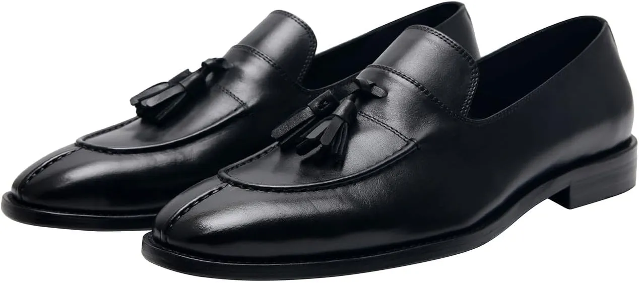 Santimon Men's Black Genuine Leather Tassel Loafers - Slip-On Dress Shoes for Casual, Business, Wedding & Prom - Modern Penny Loafers for Suits & Tuxedos