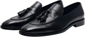 Santimon Men's Black Genuine Leather Tassel Loafers - Slip-On Dress Shoes for Casual, Business, Wedding & Prom - Modern Penny Loafers for Suits & Tuxedos