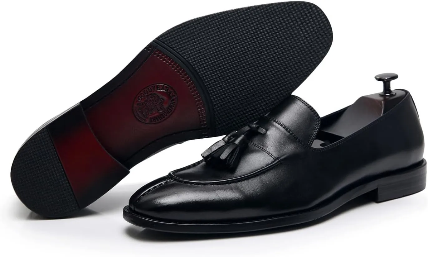 Santimon Men's Black Genuine Leather Tassel Loafers - Slip-On Dress Shoes for Casual, Business, Wedding & Prom - Modern Penny Loafers for Suits & Tuxedos