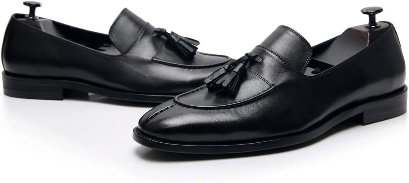 Santimon Men's Black Genuine Leather Tassel Loafers - Slip-On Dress Shoes for Casual, Business, Wedding & Prom - Modern Penny Loafers for Suits & Tuxedos