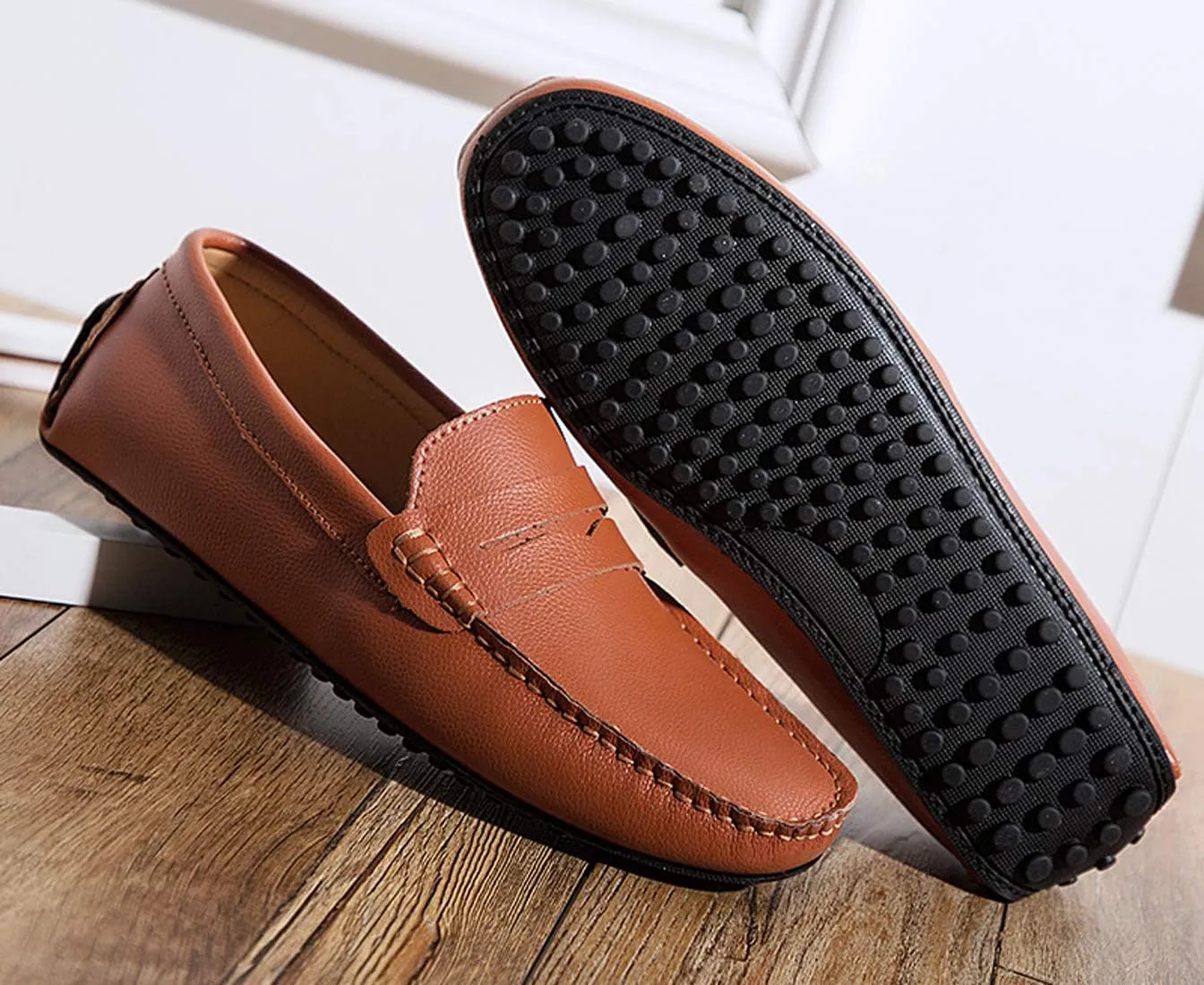 Santimon Mens Casual Leather Fashion Slip-on Loafers Dress Boat Driving Shoes