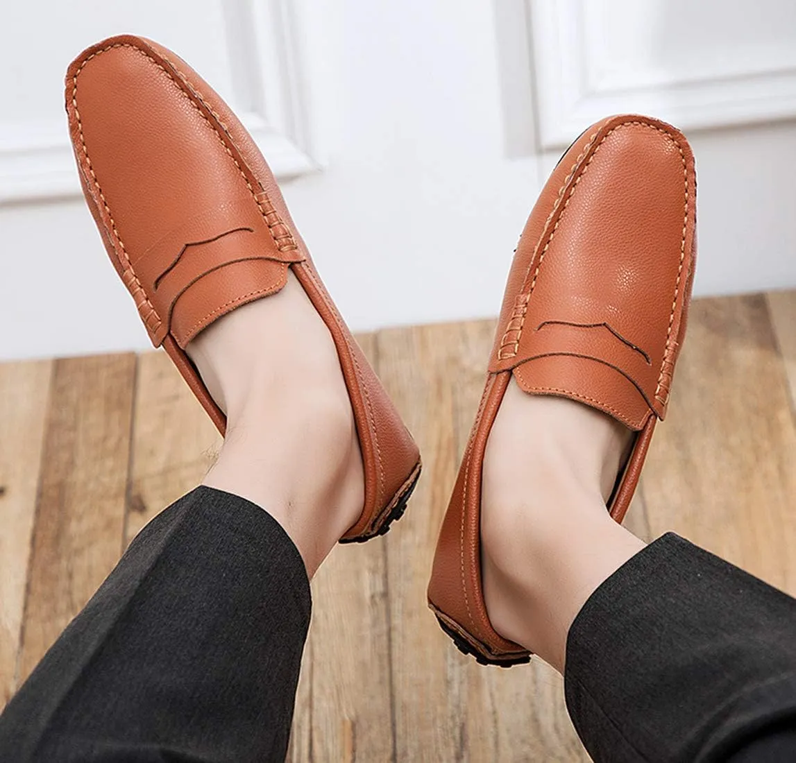 Santimon Mens Casual Leather Fashion Slip-on Loafers Dress Boat Driving Shoes