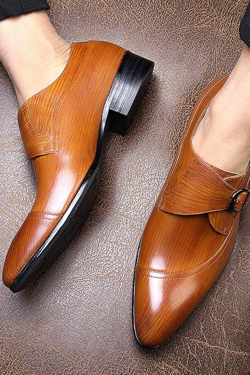 Santimon Men's Genuine Leather Monk Strap Dress Shoes - Classic Pointed Toe Oxfords for Business Formal & Wedding - Buckle Closure Dress Shoes
