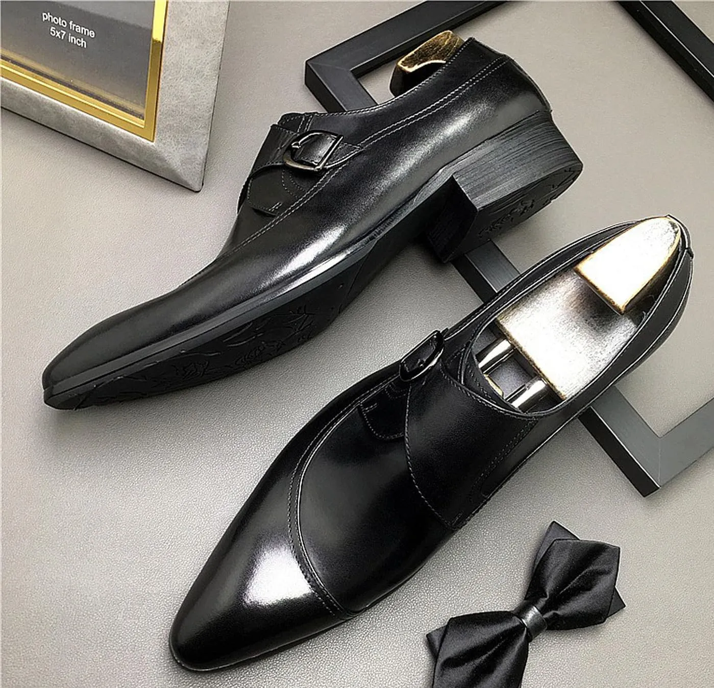 Santimon Men's Genuine Leather Monk Strap Dress Shoes - Classic Pointed Toe Oxfords for Business Formal & Wedding - Buckle Closure Dress Shoes