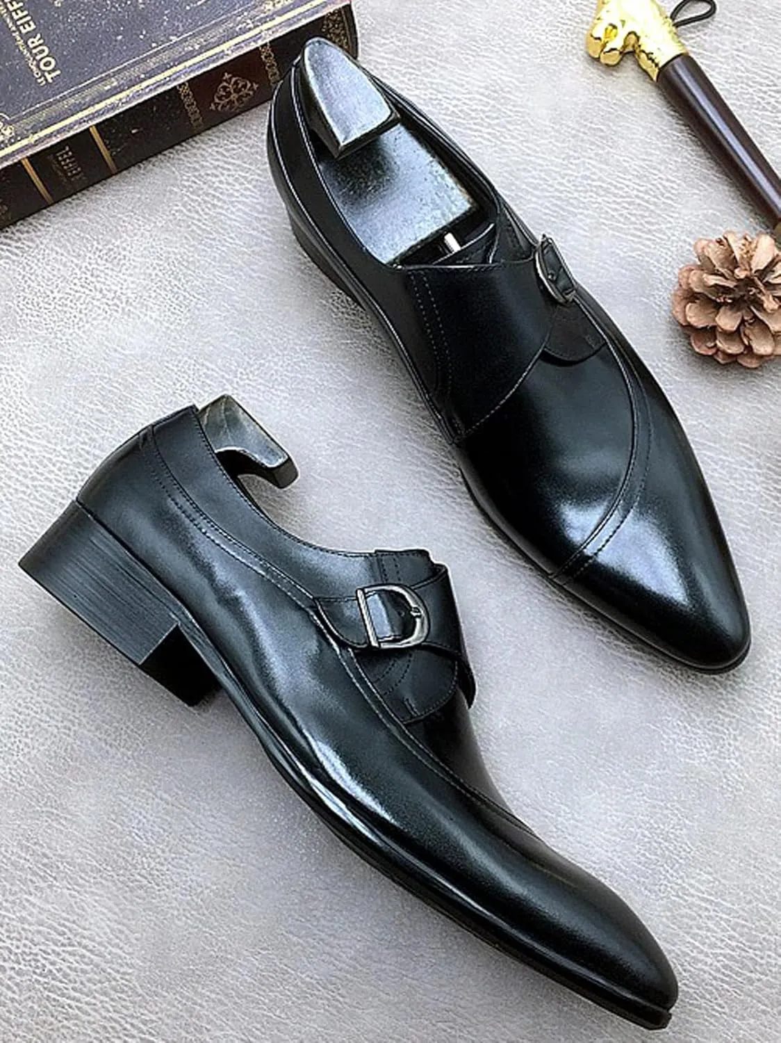 Santimon Men's Genuine Leather Monk Strap Dress Shoes - Classic Pointed Toe Oxfords for Business Formal & Wedding - Buckle Closure Dress Shoes