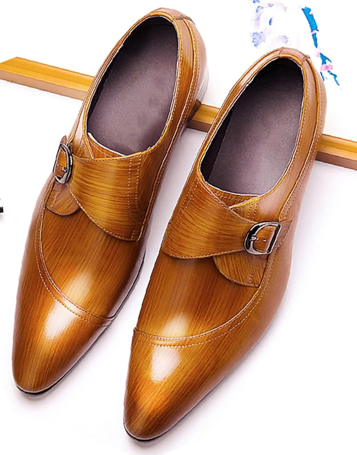 Santimon Men's Genuine Leather Monk Strap Dress Shoes - Classic Pointed Toe Oxfords for Business Formal & Wedding - Buckle Closure Dress Shoes