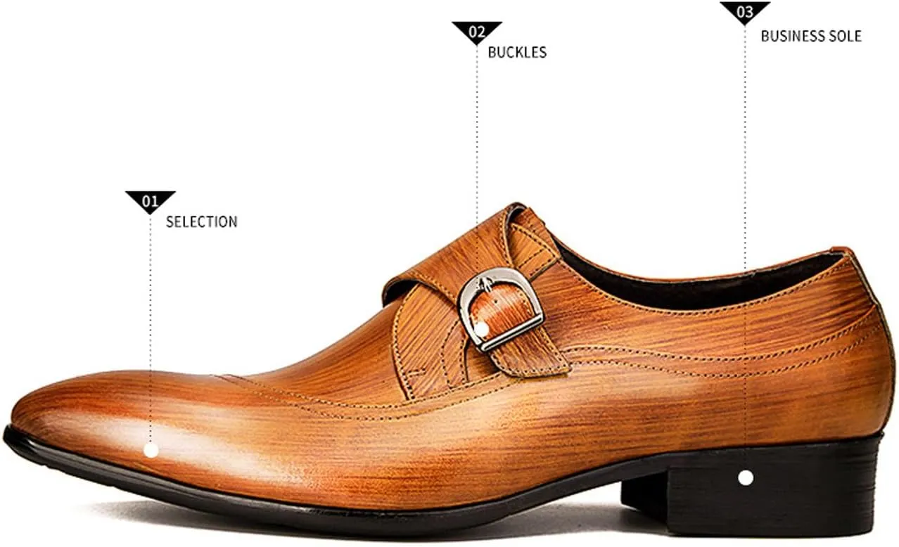 Santimon Men's Genuine Leather Monk Strap Dress Shoes - Classic Pointed Toe Oxfords for Business Formal & Wedding - Buckle Closure Dress Shoes