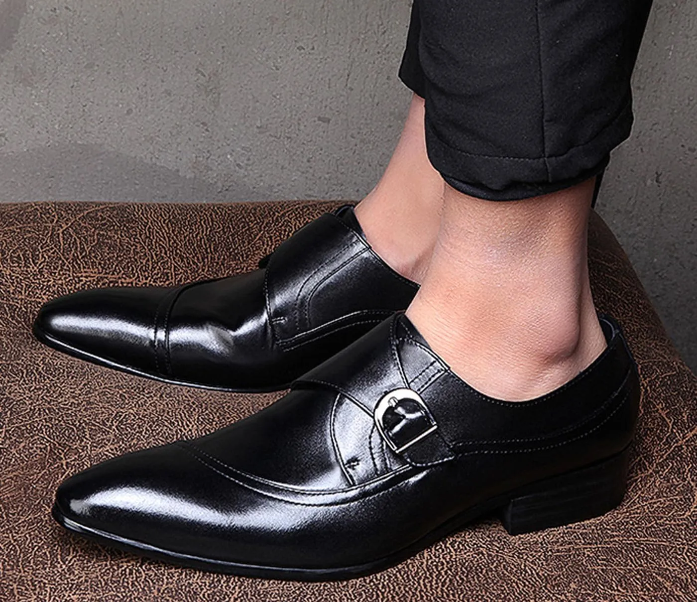 Santimon Men's Genuine Leather Monk Strap Dress Shoes - Classic Pointed Toe Oxfords for Business Formal & Wedding - Buckle Closure Dress Shoes