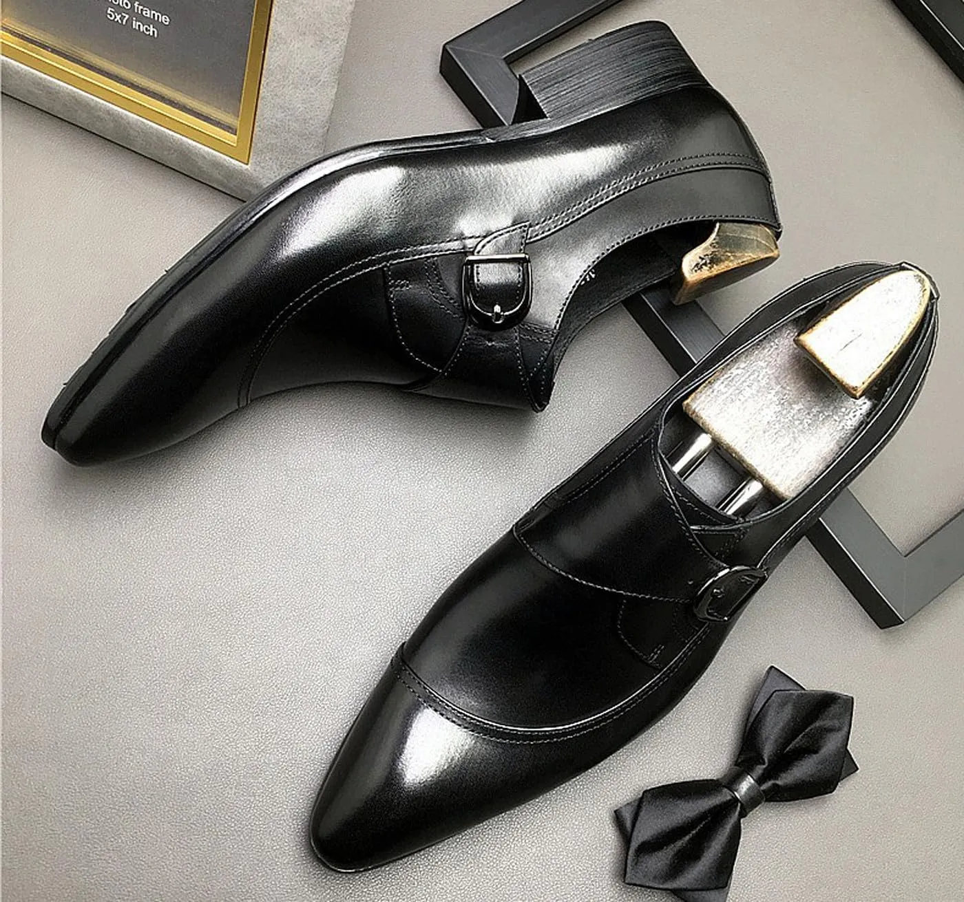 Santimon Men's Genuine Leather Monk Strap Dress Shoes - Classic Pointed Toe Oxfords for Business Formal & Wedding - Buckle Closure Dress Shoes