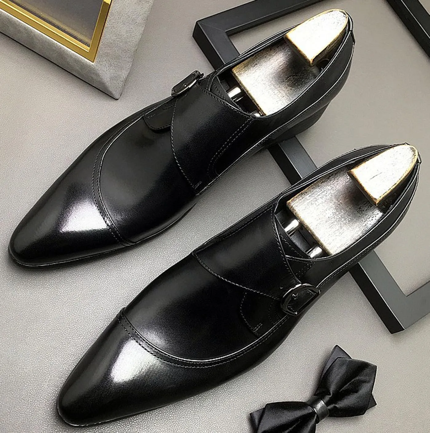 Santimon Men's Genuine Leather Monk Strap Dress Shoes - Classic Pointed Toe Oxfords for Business Formal & Wedding - Buckle Closure Dress Shoes