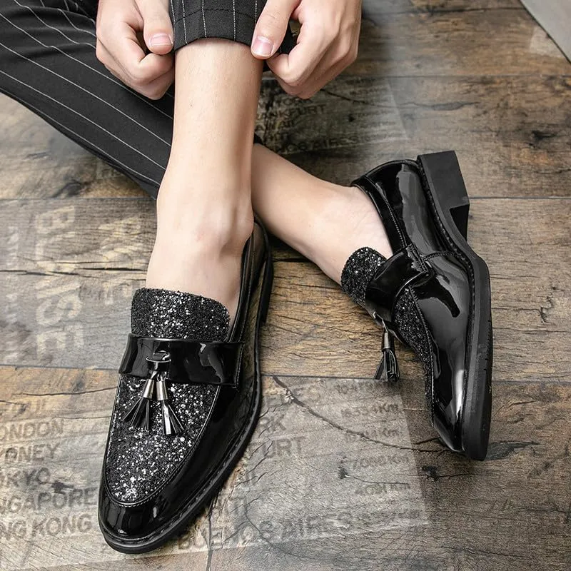 Santimon Men's Glitter Sequin Tassel Loafers Patent Leather Party Formal Dress Wedding Prom Moccasin Shoes for Men