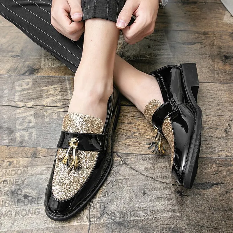 Santimon Men's Glitter Sequin Tassel Loafers Patent Leather Party Formal Dress Wedding Prom Moccasin Shoes for Men