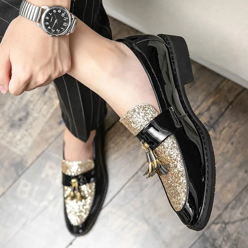 Santimon Men's Glitter Sequin Tassel Loafers Patent Leather Party Formal Dress Wedding Prom Moccasin Shoes for Men