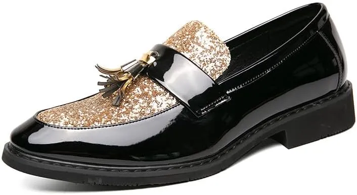 Santimon Men's Glitter Sequin Tassel Loafers Patent Leather Party Formal Dress Wedding Prom Moccasin Shoes for Men