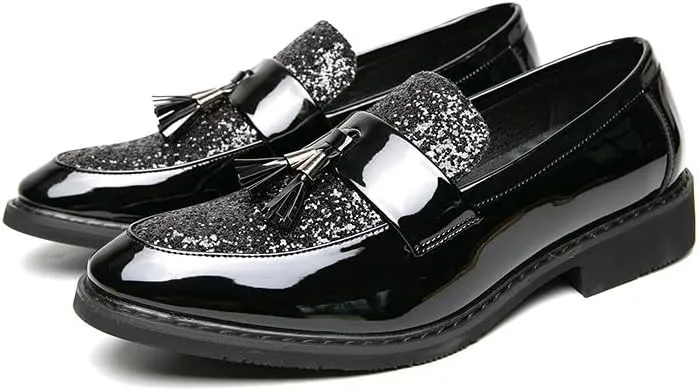 Santimon Men's Glitter Sequin Tassel Loafers Patent Leather Party Formal Dress Wedding Prom Moccasin Shoes for Men